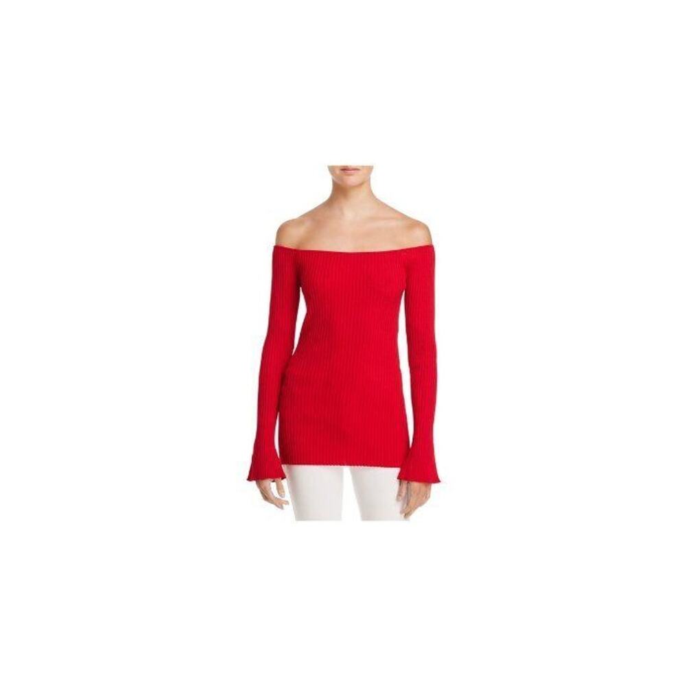 $198 MLM Label Red Ribbed Long Bell Sleeve Off Shoulder Indiana Sweater M NWT